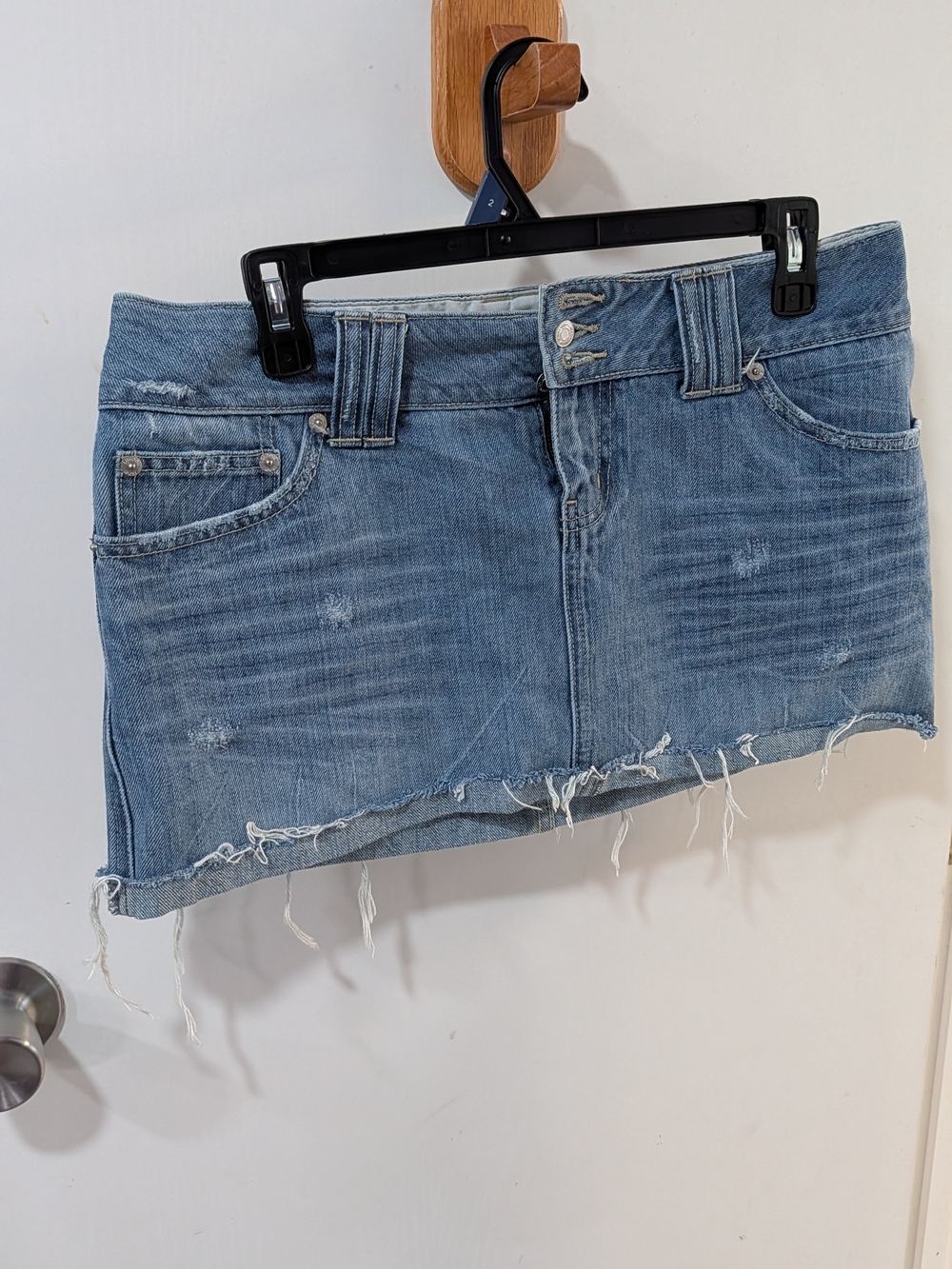 LONDONJEAN Light Blue Distressed Denim Mini Skirt